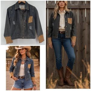 Comfort Denim Women's Western Boho 100% Cotton Denim Jacket Size Med Lace sleeve